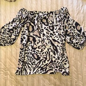 BiBi Off-Shoulder Black and Cream Animal Print Blouse